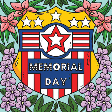 Memorial Day Flowers and Flag Badge Colored 