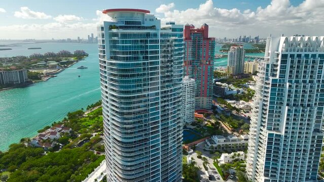 Miami Beach city with high luxury hotels and condos. High angle view of tourist infrastructure in southern Florida, USA