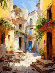 Obraz premium A Courtyard With Tables And Chairs - Pictorial scene of courtyard in old town of Croatia
