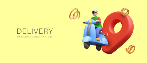 Yellow poster with young realistic courier driving scooter and big red pin. Concept of tracking and express delivery to customer. Vector illustration in 3D style with place for text