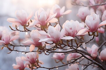 closeup of pink magnolia tree flowers, delicate floral background