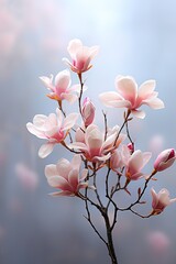 vertical image closeup of pink magnolia tree flowers, dreamy floral background