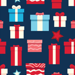 Festive Christmas vector pattern: Vibrant gift boxes adorned with bows and ribbons, spreading holiday joy in a whimsical and joyful design.