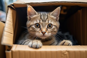 portrait of a cute tabby cat in a cardboard box