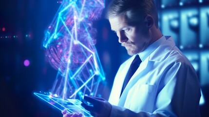 Doctor using tablet and check with analysis chromosome DNA genetic of human on virtual screens