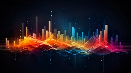 Poster Music abstract background. Equalizer for music, showing sound waves with musical waves, the concept of a music equalizer neon glow colors © Damerfie
