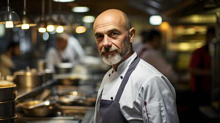 A chef in a bustling restaurant kitchen, ambient light from the stovetops, dressed in a white chef's coat