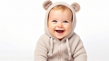 Laughing Baby in Onesie, White Background