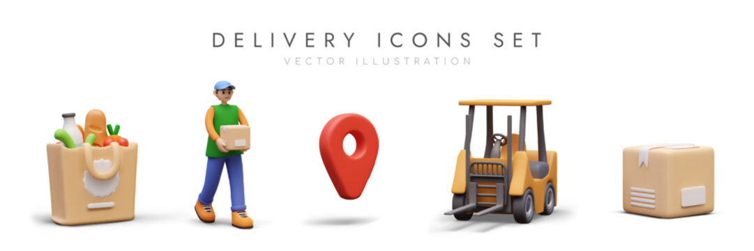 Delivery icons set. Warehouse rental, logistics services, courier delivery. Shopping bag, man with parcel, geo tag, forklift, cardboard box. Templates for creative web design