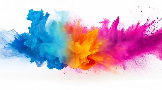 Colorful pink red rainbow smoke paint explosion, color fume powder splash, motion of liquid ink dye in water isolated on white background