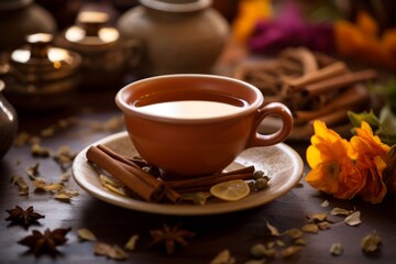 A ceramic cup containing authentic indian masala chai tea, enhanced with aromatic spices - obrazy, fototapety, plakaty
