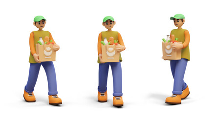 Vector 3D man carrying package from grocery store. Food delivery. Courier services. Organic farm products. Set of vector characters, view from different angles