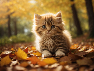Naklejka na ściany i meble Fluffy Kitten Playing with Colorful Leaves at The Garden