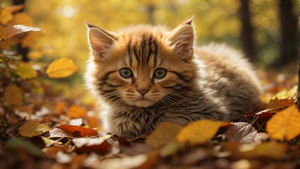 Fluffy Kitten Playing with Leaf in Garden