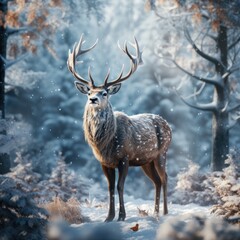 Naklejka na ściany i meble Deer in a snowy winter woodland. Generative Ai.
