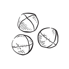 A line drawn sketch vector of three juggling balls. Hand drawn illustration in black and white, taken inspiration from the circus. 