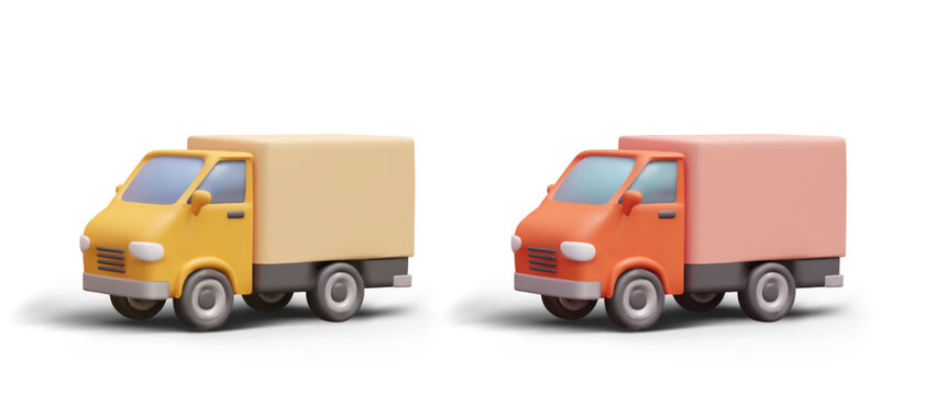 Orange and yellow 3D truck. Vehicle with unmarked body, mockup. Realistic car with shadow. Transportation of goods, delivery of parcels. Logistics company services