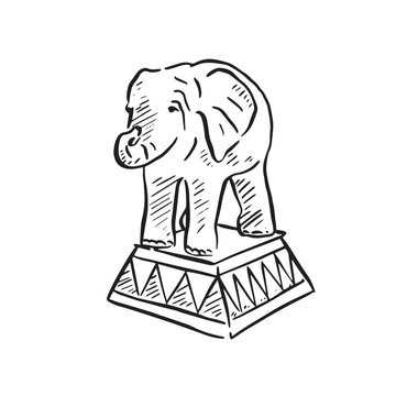 Line drawing of an elephant on a podium, inspiration taken from a classic old school circus. Hand drawn.