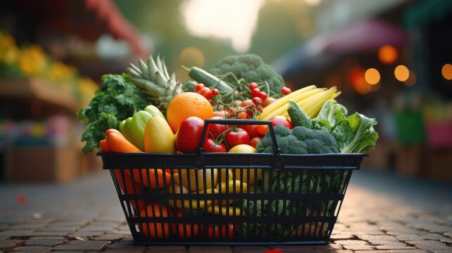 Fresh food in a shopping cart against a blurry backdrop. Generative Ai.