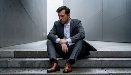 Sad depressed business man sitting on the steps on the street with head-down, suffers due to personal life troubles. Broken tired state of mind.