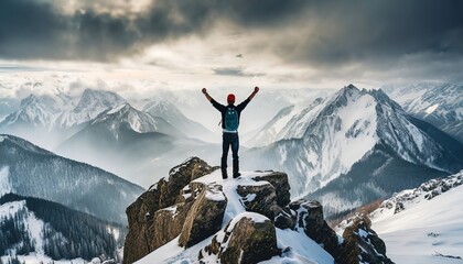 Climber alpinist at the top of a snowy mountain in winter. Cliff covered with ice, man hiker standing at the peak of rock and celebrates the success. Mountaineer reaching the summit. - Powered by Adobe