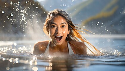 Joyful Asian woman swimming in icy water of frozen lake in ice hole. Girl hardening the body, cold water therapy. Boost the immune system and improve mental health.