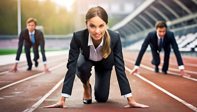 Young businessmen on a treadmill at the stadium ready to start of competition. Office workers vie for promotion at work. Race for first place, leadership concept. - Powered by Adobe