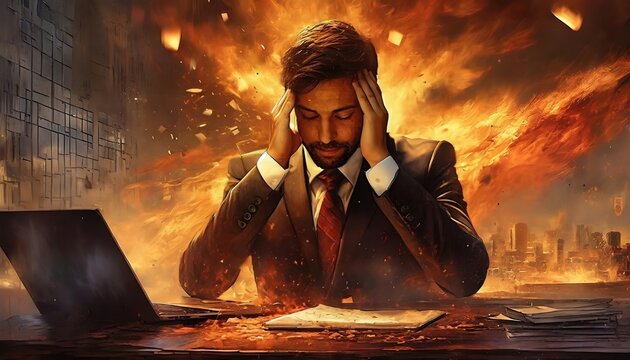 Exhausted young businessman holding his head with hands due to headache and stress. Overworked worker feels strain. Concept of excessive load on the brain. Fatigue and panic attack, computer syndrome.