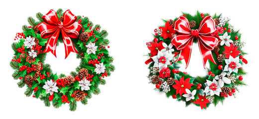 Set of Christmas wreaths decorated with red bow, pine cones and poinsettia, isolated