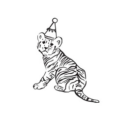 A line drawn tiger cub wearing a party hat. Hand drawn on Procreate and perfect for printable wall art or a kids birthday party invitation and signage.