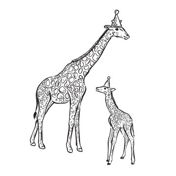 A line drawn illustration of an adult giraffe and baby giraffe. Both giraffes are wearing party hats. Perfect for DIY event stationery or kids birthday party invitations!