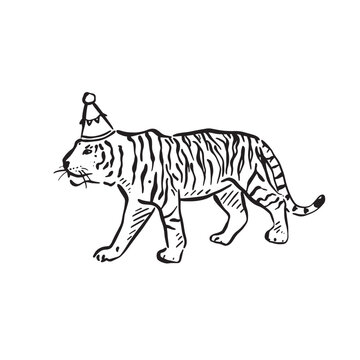 A line drawn tiger wearing a party hat. Perfect for a kids party, DIY invitations and party or event signage. Drawn by hand in black and white.