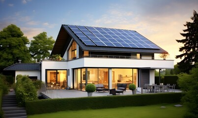 Solar panels on the gable roof of a beautiful modern home. Generative AI