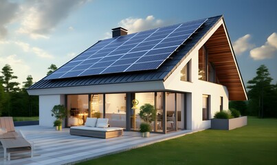Solar panels on the gable roof of a beautiful modern home. Generative AI