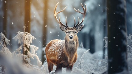 Deer in a snowy winter woodland. Generative Ai.