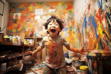 Vibrant Boy Experiencing Pure Delight as He Showcases Artistic Skills with Paint on His Face