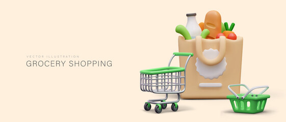 Shopping in grocery store. Huge paper bag with food, empty shopping cart, basket. Color horizontal banner with place for text. Healthy food, farm products. Online order