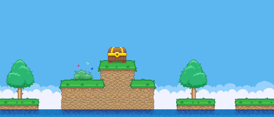 8bit colorful simple vector pixel art horizontal illustration of cartoon high island with a treasure chest in retro video game platformer level style - obrazy, fototapety, plakaty
