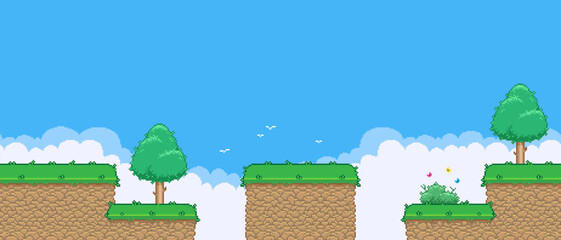 8bit colorful simple vector pixel art horizontal illustration of cartoon natural platforms high in the mountains in retro video game platformer style