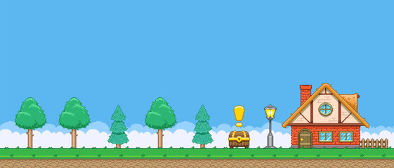Obraz premium 8bit colorful simple vector pixel art horizontal illustration of cartoon house and forest with quest treasure chest in retro video game platformer level style