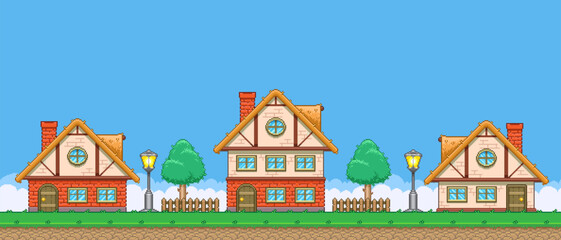 8bit colorful simple vector pixel art horizontal illustration of cartoon three cute houses in the village in retro video game platformer level style