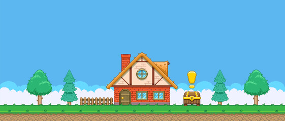 8bit colorful simple vector pixel art horizontal illustration of cartoon house with quest treasure chest in retro video game platformer level style 