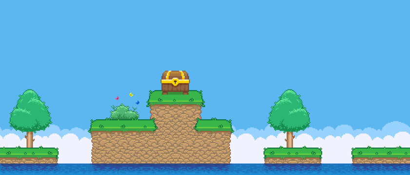 8bit colorful simple vector pixel art horizontal illustration of cartoon high island with a treasure chest in retro video game platformer level style