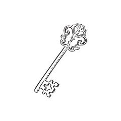 A line drawn illustration of a vintage key. Hand drawn in black and white and shaded in black. 