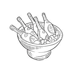 A line drawn illustration of champagne bottles in a champagne bucket with ice. Perfect for use on wedding signage or any event stationery. Hand drawn in black and white.