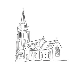 A line drawn illustration of the facade of a British church in black and white. Hand drawn in a sketchy style on Procreate using an Apple Pencil. 