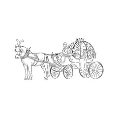 Fototapeta na wymiar A line drawn black and white illustration of a horse and carriage. A method of transport when getting to a wedding! Hand drawn in black and white.