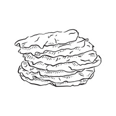 A line drawn illustration of Indian Poppadoms. Hand drawn stack of Indian cuisine, created on Procreate with an apple pencil. 