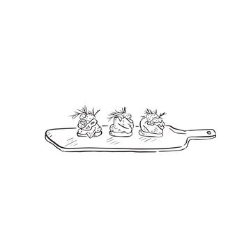 recommend clip art: A line drawn illustrative vector of three canapes on a wooden chopping board-style tray. Black and white line drawing created by hand.
