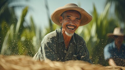 Grinning villagers in Farmer Asia tending to rice fields. Generative Ai. - obrazy, fototapety, plakaty